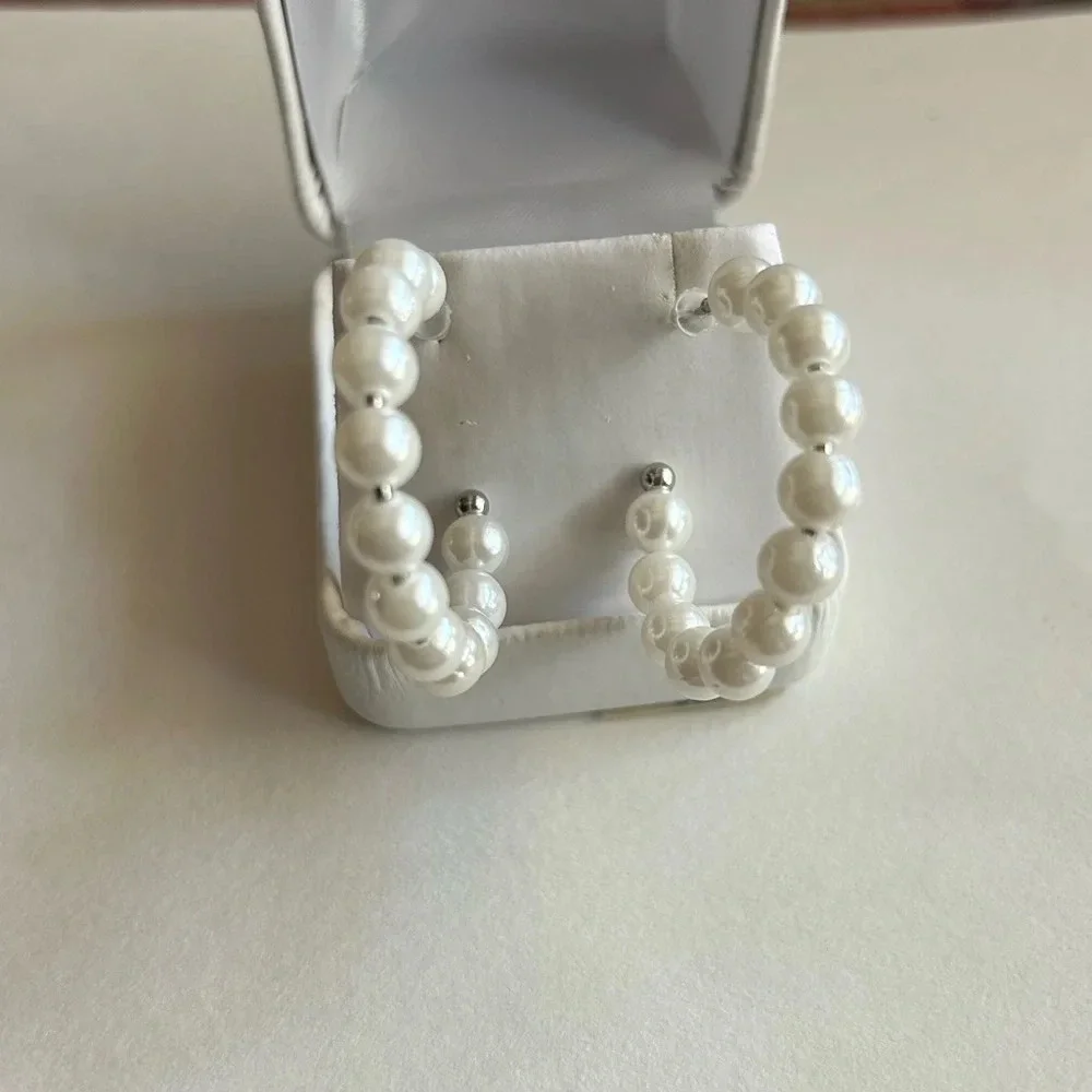 3/$20 Silver Tone White Faux-Pearl Beaded Hoop Stud Earrings 1